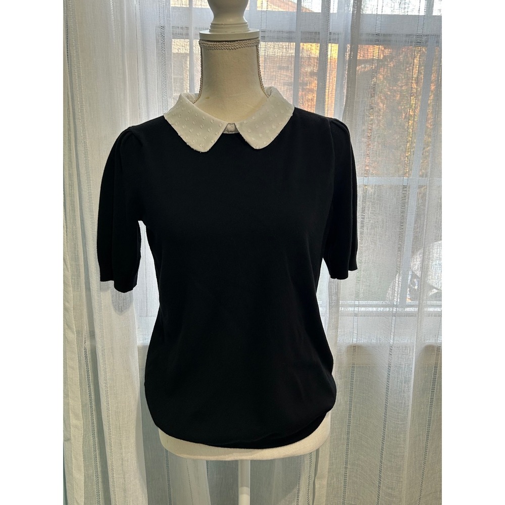 Adrianna Papell Black Short Sleeve Sweater Swiss Dot Peter Pan Collar Top M